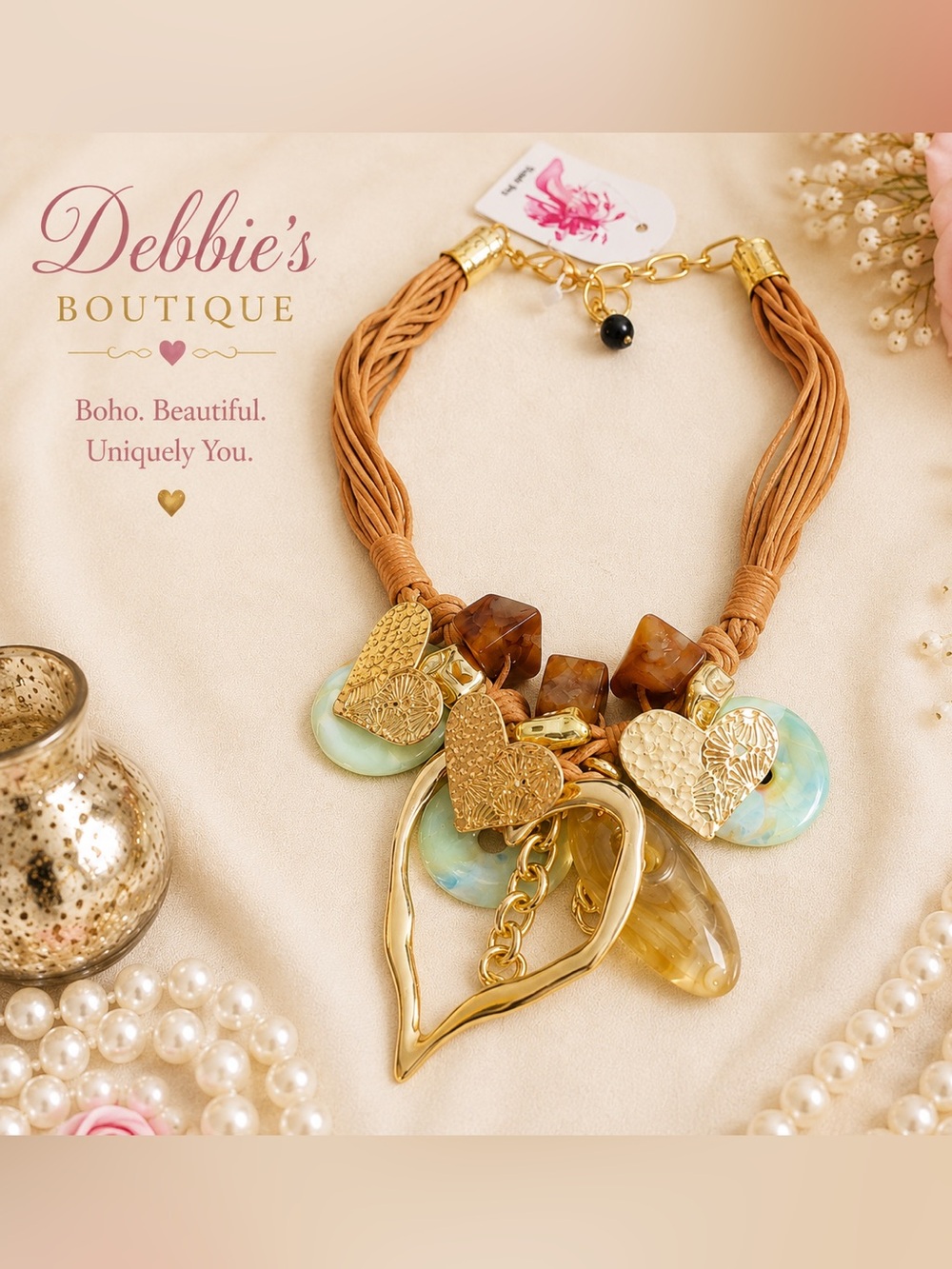 Boho Statement Multi Strand Necklace Gold Heart Charms 21” Boutique NWT